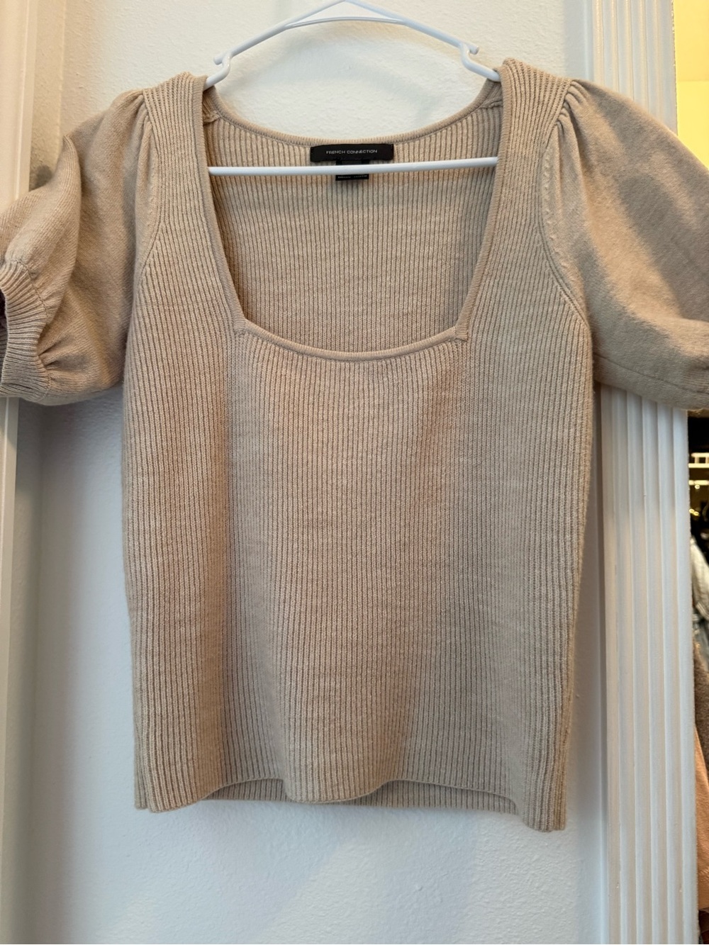 French Connection Tan Scoop Neck Ribbed Puff Sleeve Sweater